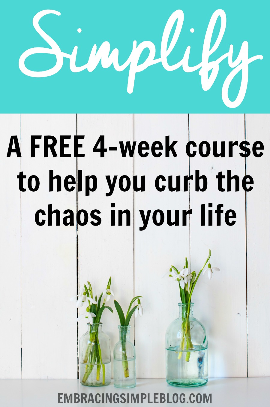  This FREE 4-week course is designed to help you simplify and curb the chaos in your life. This course is complete with actionable strategies that can be immediately applied to your own life; don't miss out on this opportunity to sign up today for free! :) 